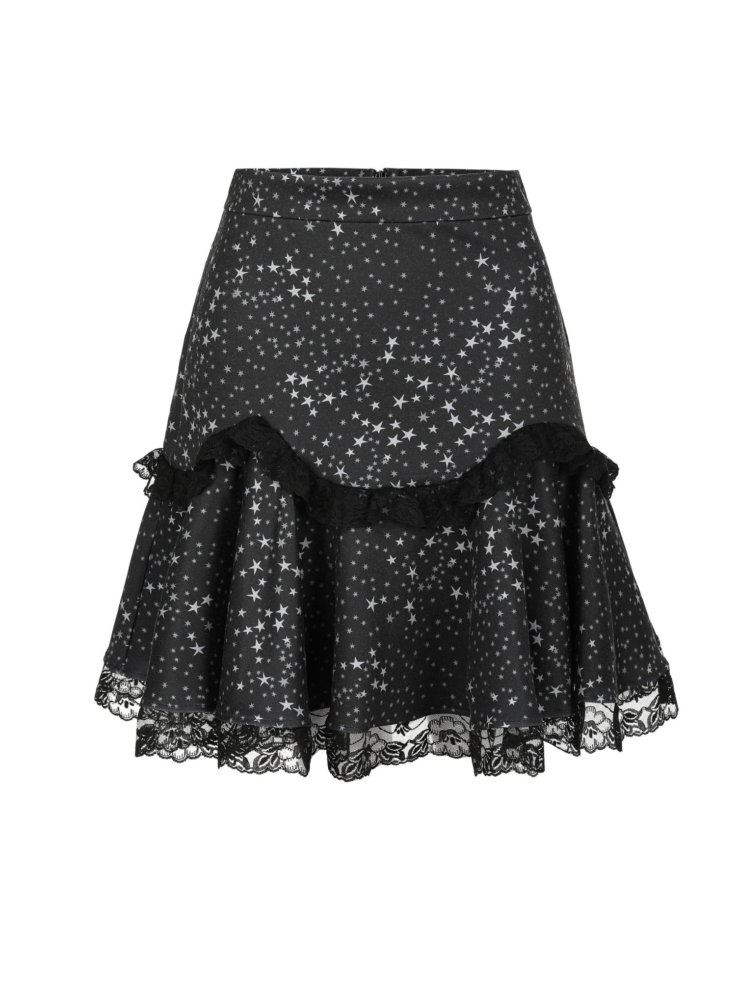 Black ruffled Boleyn skirt with silver star pattern and lace trim for a stylish night