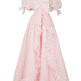 Pale pink off-shoulder Parfait Poet Marie Gown from the Selkie Collection with floral texture