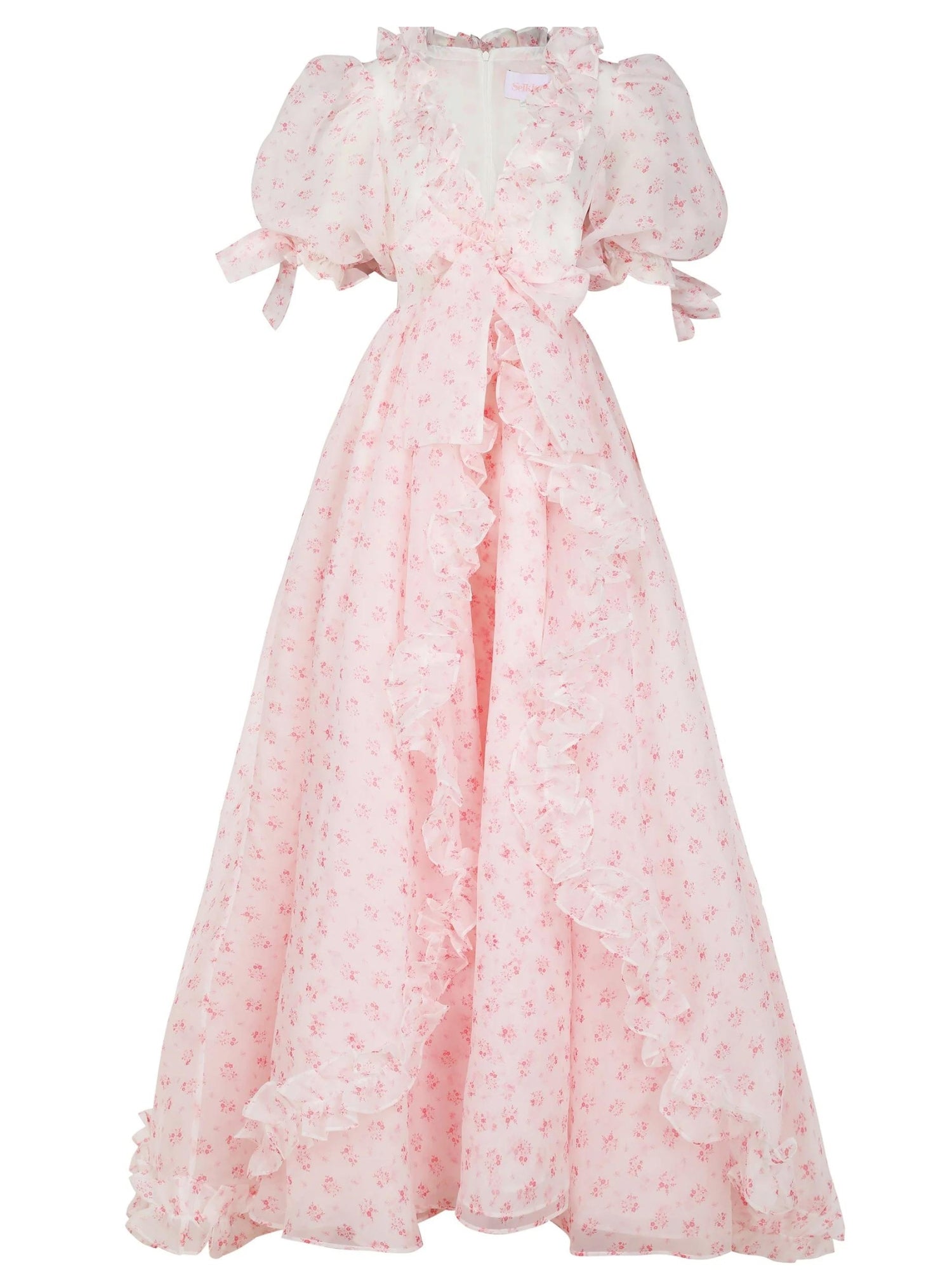 Pale pink off-shoulder Parfait Poet Marie Gown from the Selkie Collection with floral texture