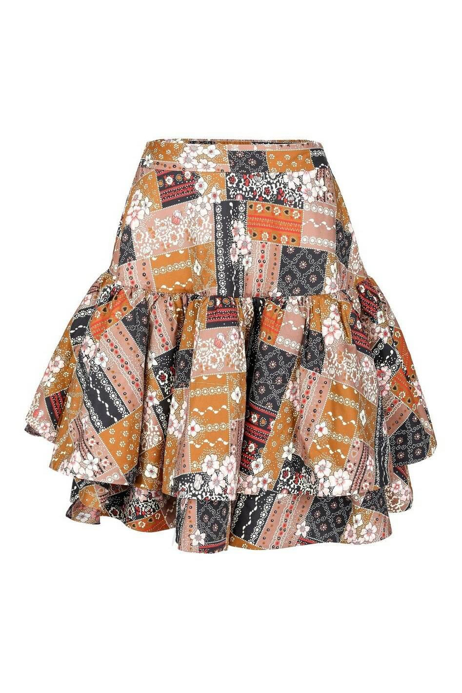 Patchouli Beverly Hills Skirt featuring a patchwork ruffled mini design in earthy tones