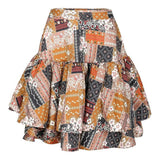 Patchouli Beverly Hills Skirt featuring a patchwork ruffled mini design in earthy tones