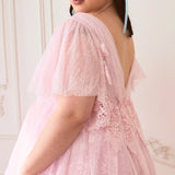 Delicate Pink Candy Cherub Dress featuring sheer sleeves and an open back design