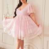 Pink Candy Cherub Dress featuring a flowy tulle design with flutter sleeves and V-neckline