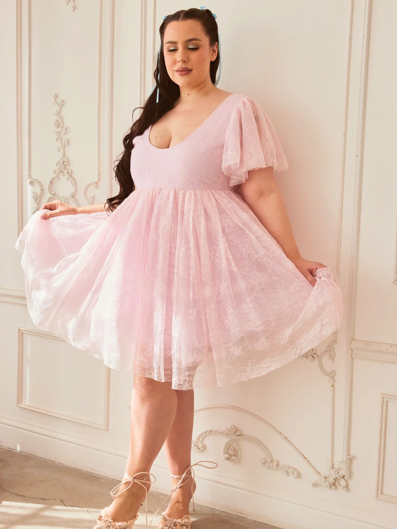 Pink Candy Cherub Dress featuring a flowy tulle design with flutter sleeves and V-neckline