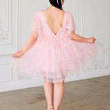 Pink Candy Cherub Dress featuring short sleeves and a low back in delicate tulle