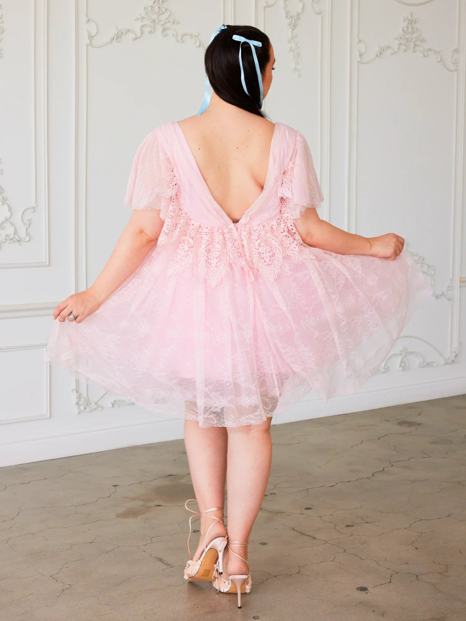 Pink Candy Cherub Dress featuring short sleeves and a low back in delicate tulle