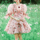 Woman in a pink floral Rapunzel Organza Marie Dress with puffy sleeves in a meadow