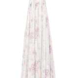 Flowy white ribbon dancer apron gown with pale pink floral print and shoulder straps