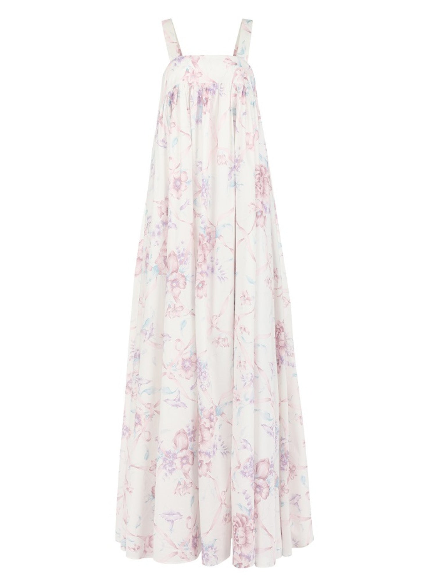 Flowy white ribbon dancer apron gown with pale pink floral print and shoulder straps