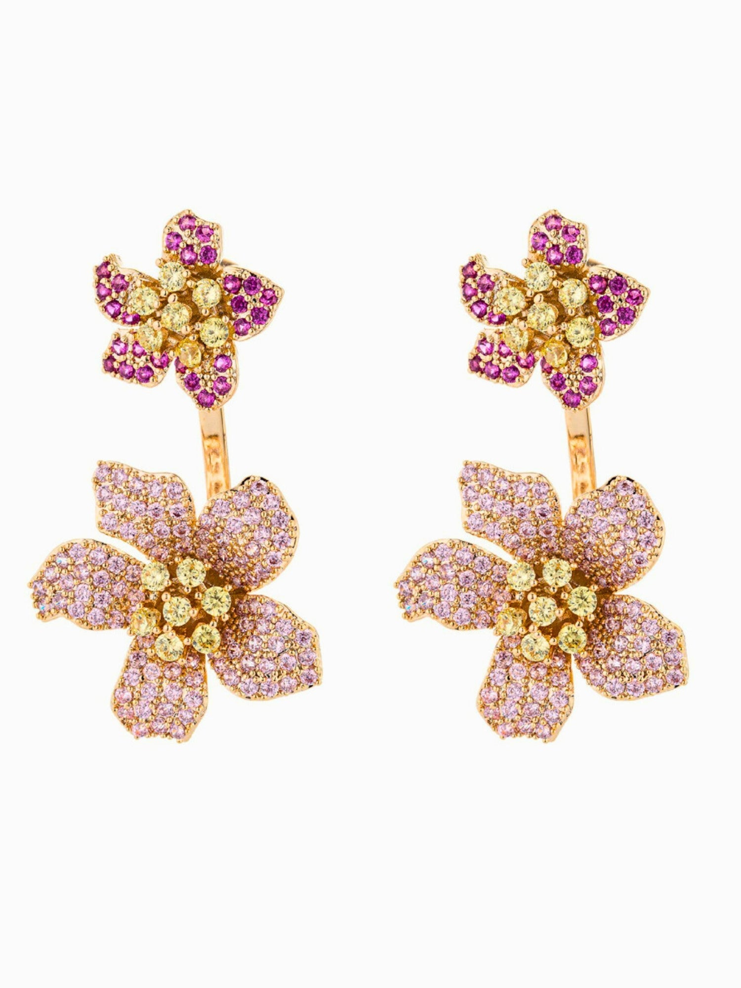 Pair of floral-shaped Rose Gold Earrings featuring pink and yellow gemstones for gown styling