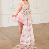 Floral-patterned dress with grand bow in rosewater pink print and tulle skirt