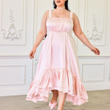 Pale pink ruffled satin ballet midi gown with spaghetti straps and high-low hemline