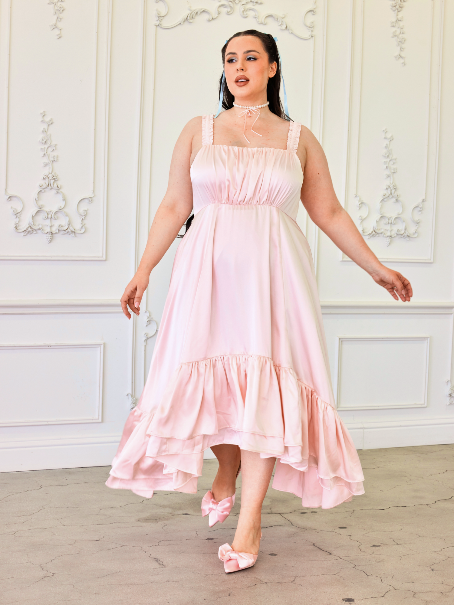 Pale pink ruffled satin ballet midi gown with spaghetti straps and high-low hemline