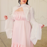 Pink and white Satin Ballet Midi Gown with bell sleeves and high neck design