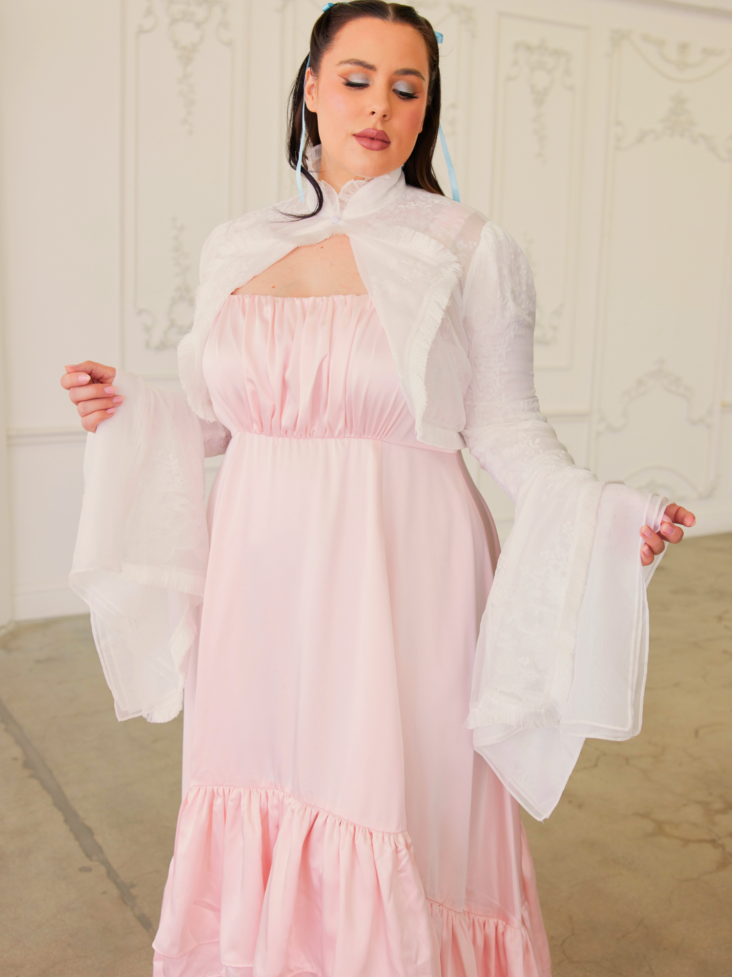 Pink and white Satin Ballet Midi Gown with bell sleeves and high neck design