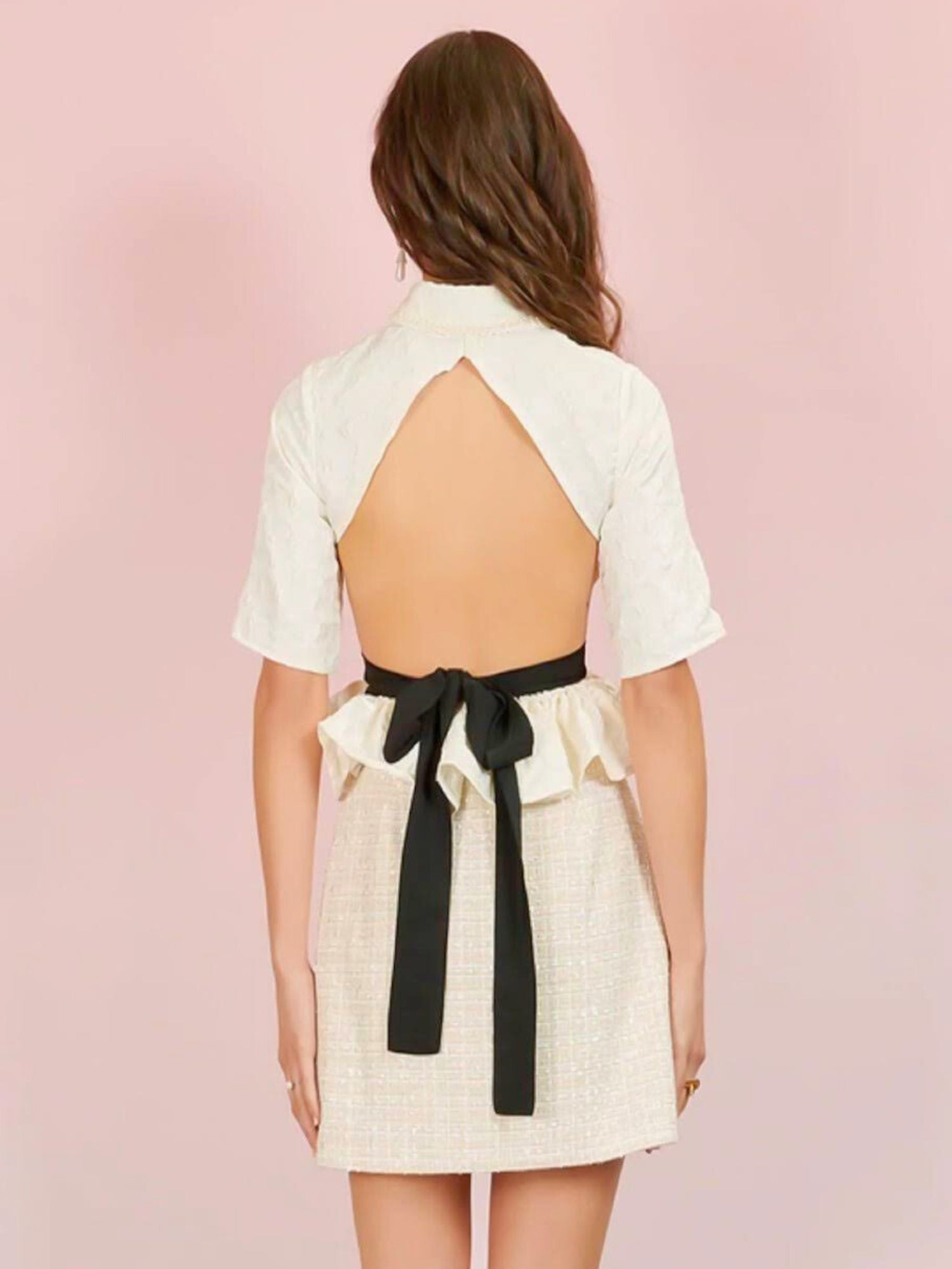 White Seashore Cropped Blouse with open back and grand bow sash in black ribbon tie