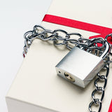 Padlock secured to a metal chain symbolizing shipping insurance and secure return policy