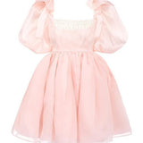 Pale pink Peach Da Vinci Puff Dress with puffy short sleeves and gathered skirt