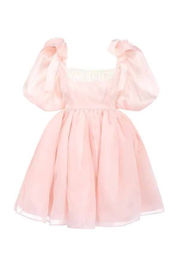 Pale pink Peach Da Vinci Puff Dress with puffy short sleeves and gathered skirt