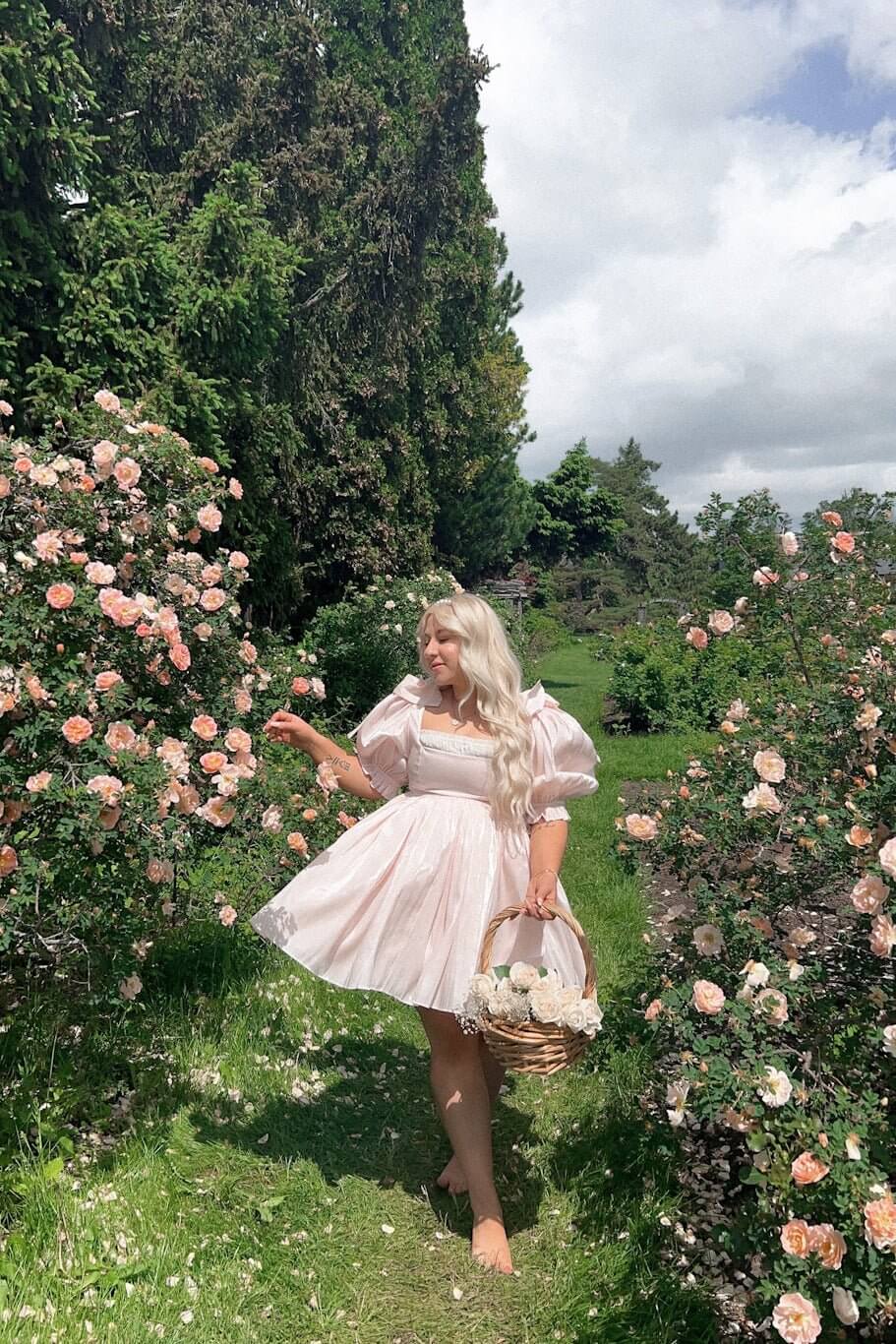 Woman in a pink puff dress standing elegantly among lush rose bushes, showcasing the Peach Da Vinci