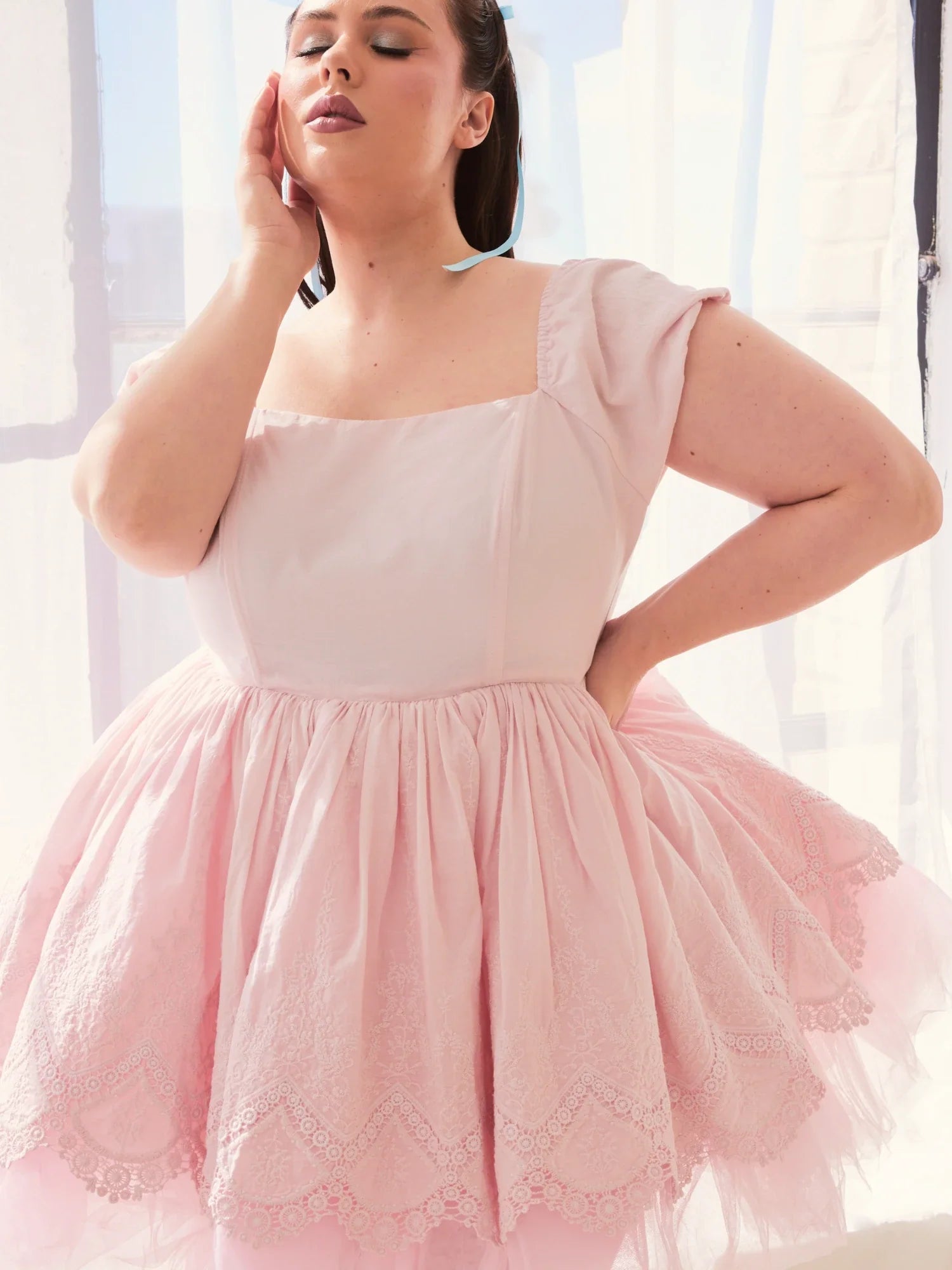 Soft Pink Blossom Dress featuring a fitted bodice and full tulle skirt