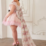 Soft pink tulle dress with floral train, perfect for whimsical occasions, Soft Pink Blossom