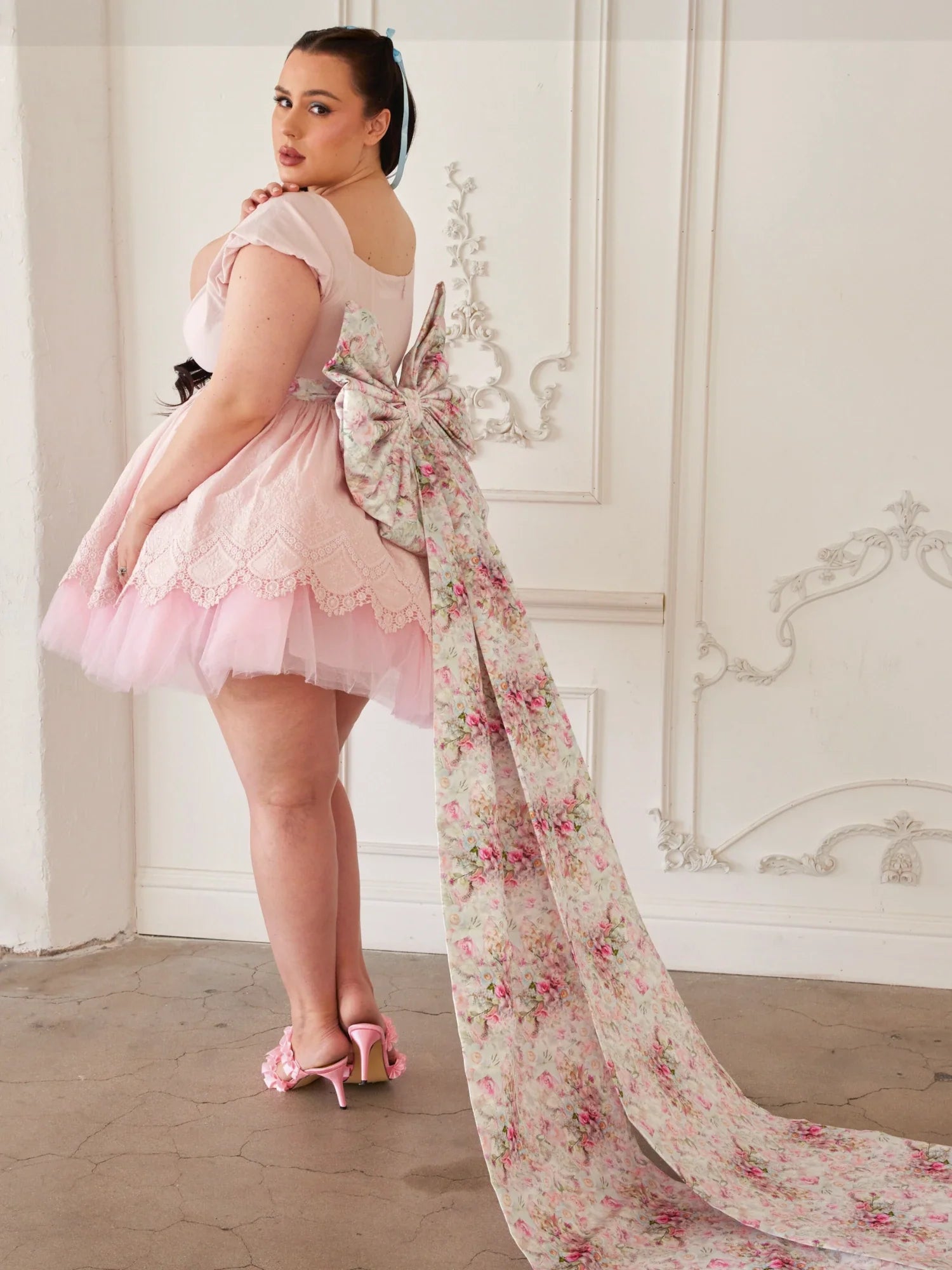 Soft pink tulle dress with floral train, perfect for whimsical occasions, Soft Pink Blossom