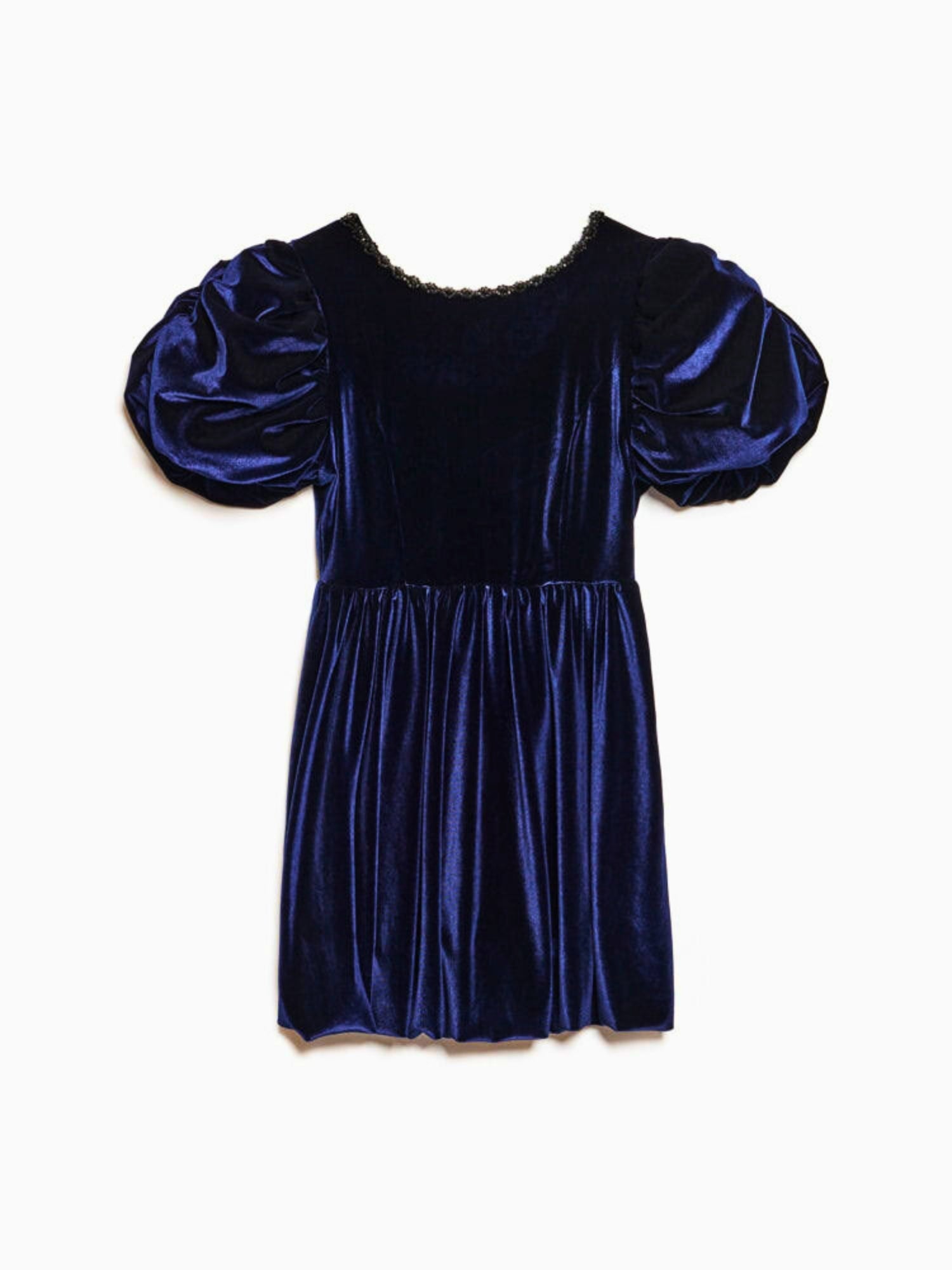 Dark blue Spell Velvet Mini Dress with puffed short sleeves and gathered skirt