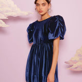 Navy blue velvet mini dress with puffed sleeves from Spell Velvet Mini collection