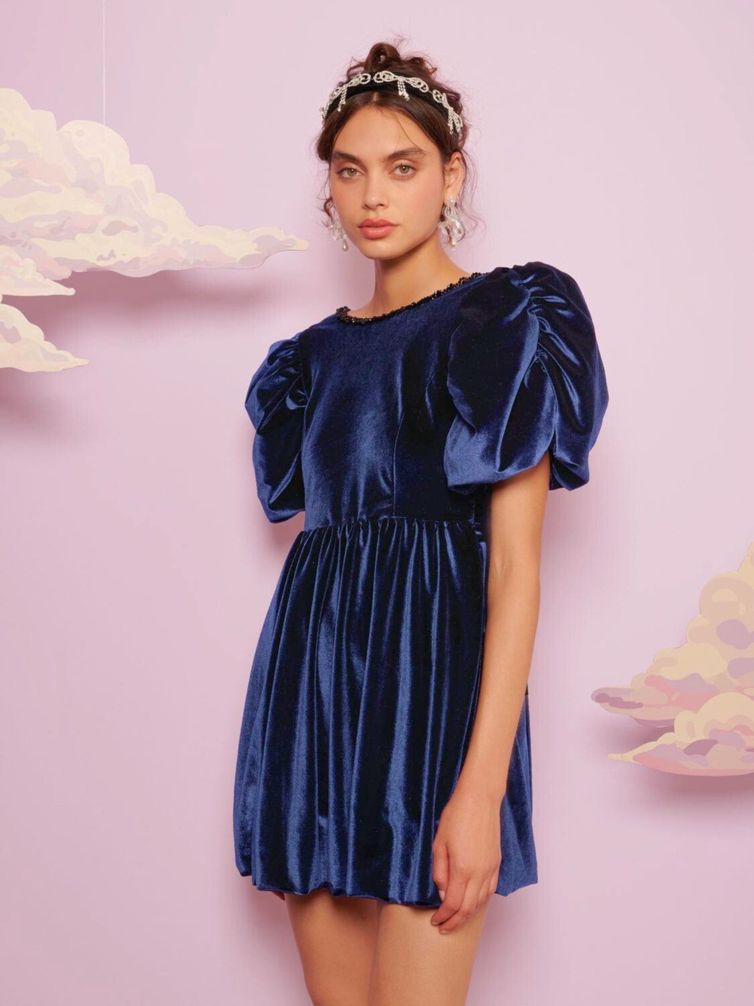 Navy blue velvet mini dress with puffed sleeves from Spell Velvet Mini collection