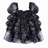 Puffed-sleeve floral top in dark blue and gray from The Stone Floral Moonlight Dress