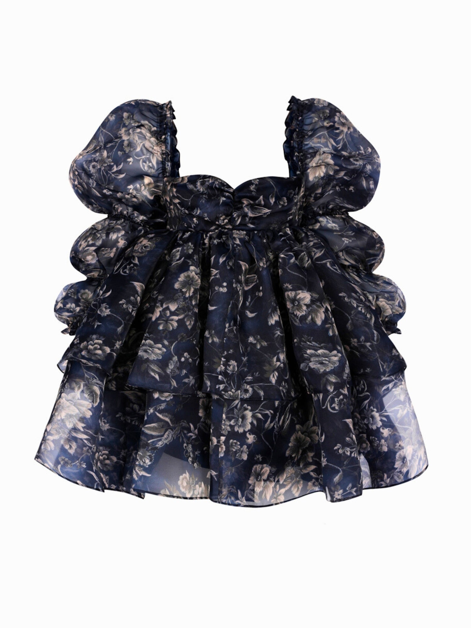 Puffed-sleeve floral top in dark blue and gray from The Stone Floral Moonlight Dress