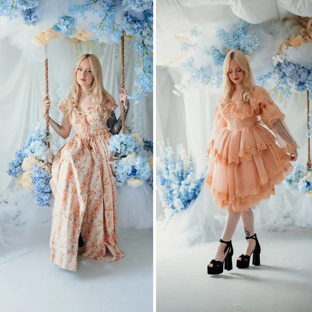 The left side of the image features a woman wearing a floral cotton maxi dress. The right side of the image features a woman wearing a peach lace mini dress.