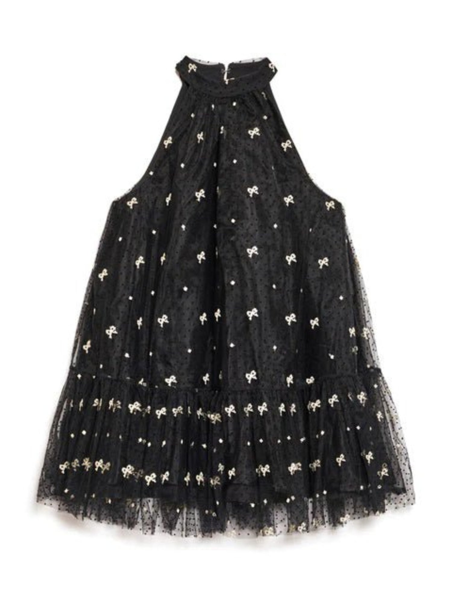 Black halter neck mini dress with white stars and tulle skirt, perfect for twirling