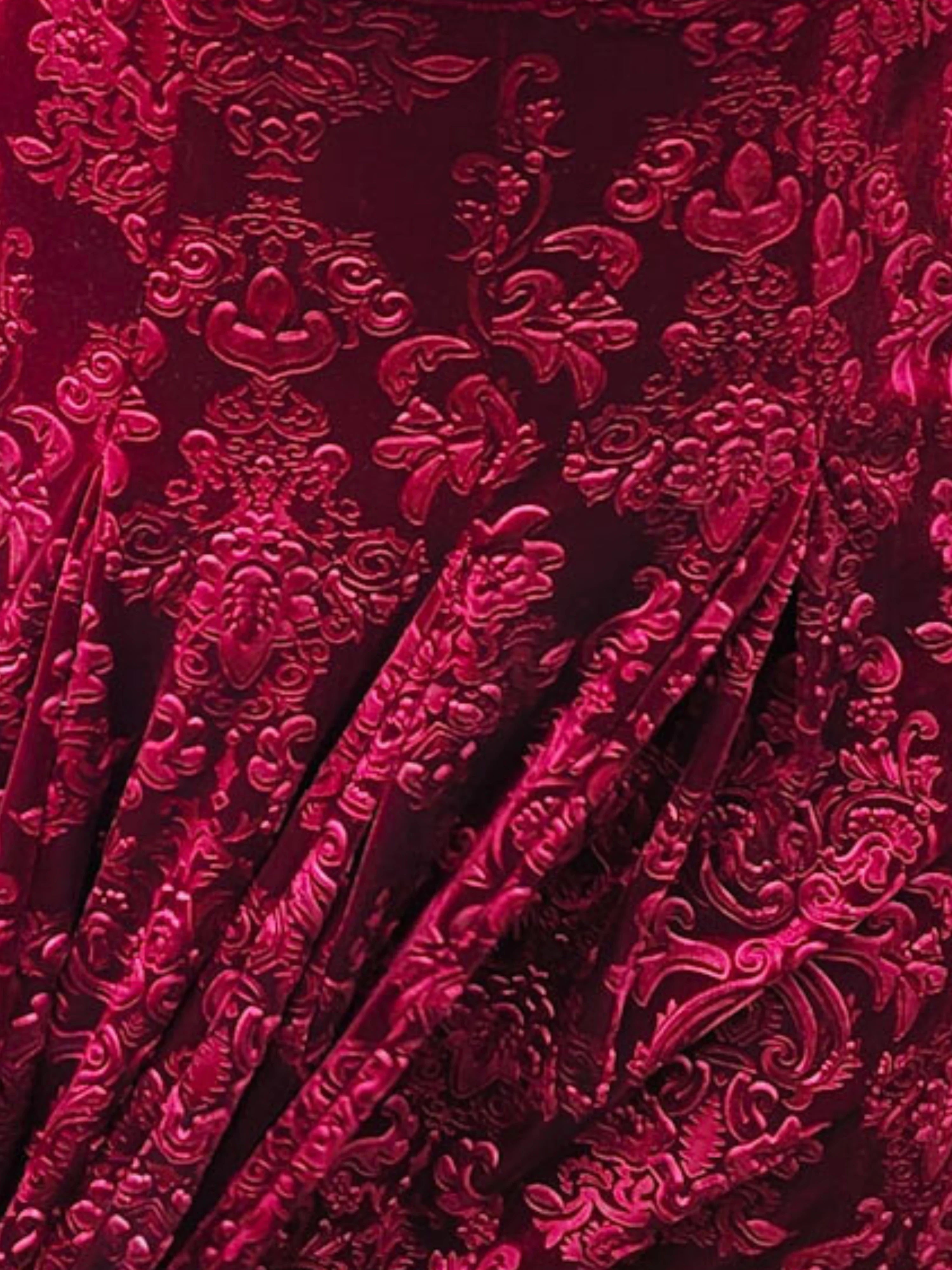 Rich burgundy velvet fabric with floral brocade pattern for the Velvet Viola Dress