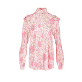 Pink floral patterned Wallflower Tuxedo Blouse with long sleeves and high collar