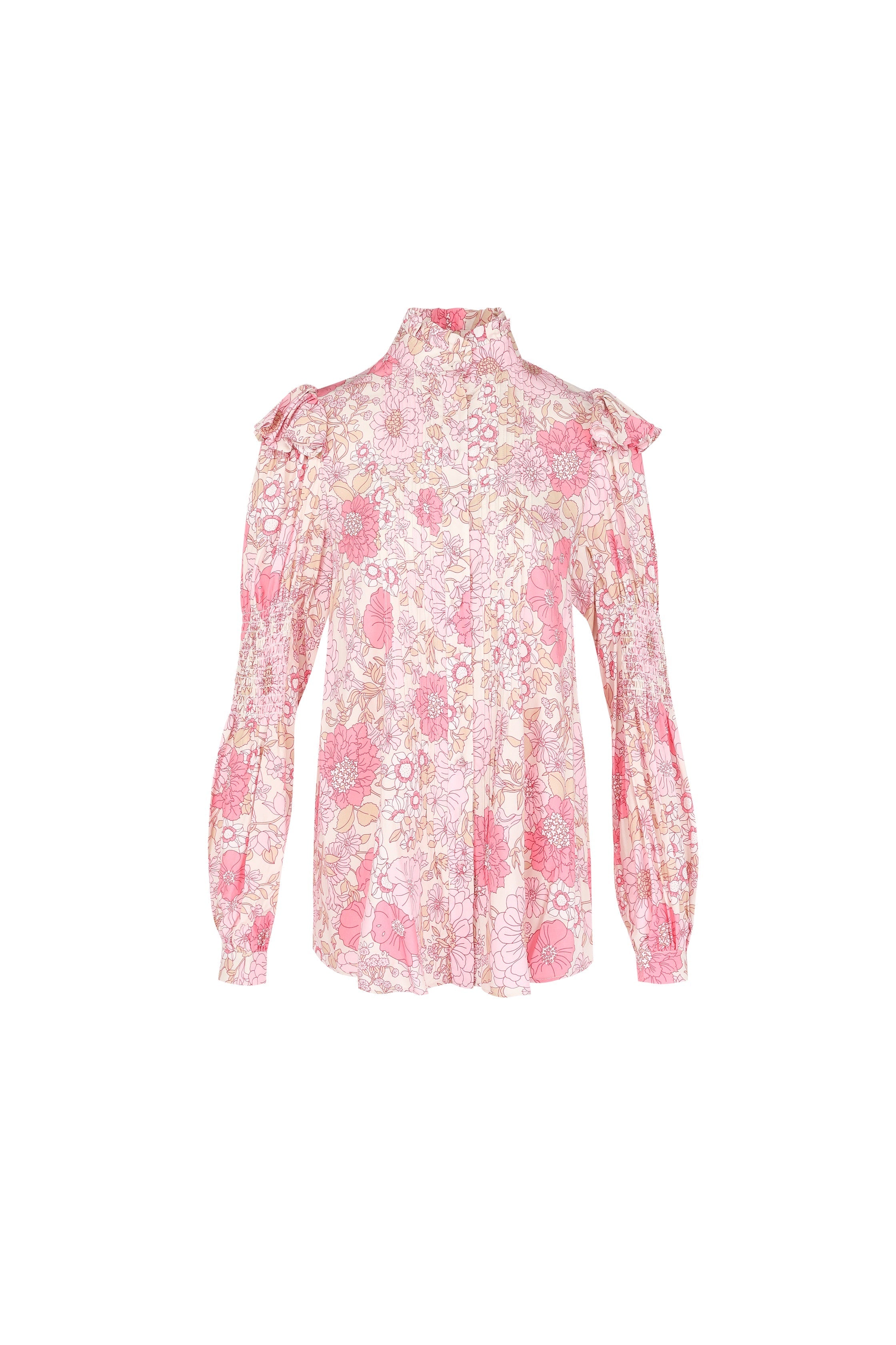 Pink floral patterned Wallflower Tuxedo Blouse with long sleeves and high collar