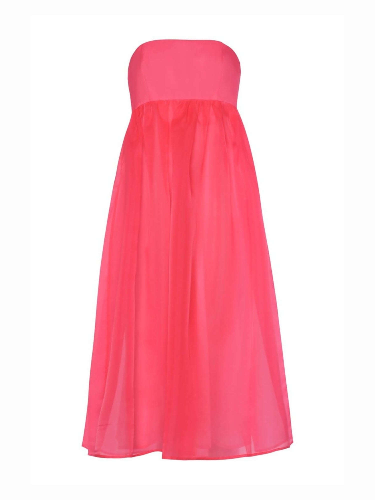 Strapless pink Watermelon Sugar Ambrosia Midi Dress with an empire waist and flowing skirt