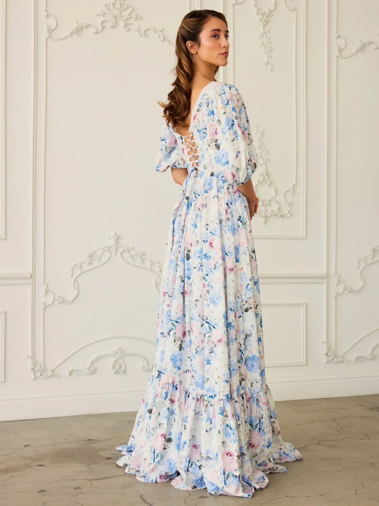 Floral pattern Josephine Gown with puffed sleeves and tiered skirt by Wild Bloom