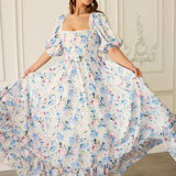 Floral maxi dress with puff sleeves and square neckline, The Wild Bloom Josephine Gown