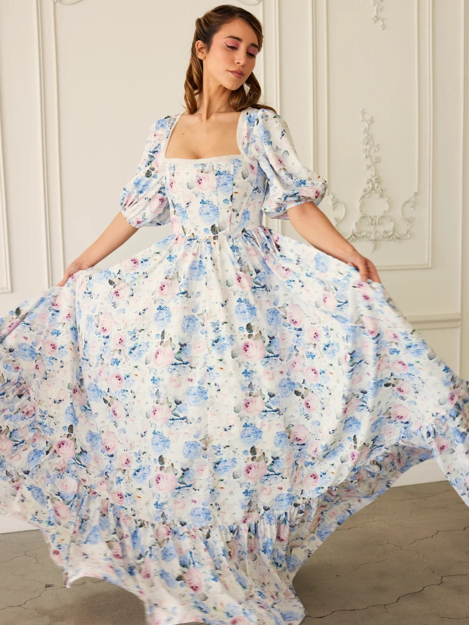 Floral maxi dress with puff sleeves and square neckline, The Wild Bloom Josephine Gown