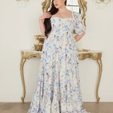 Floral off-shoulder maxi dress with puffed sleeves, the Wild Bloom Josephine Gown