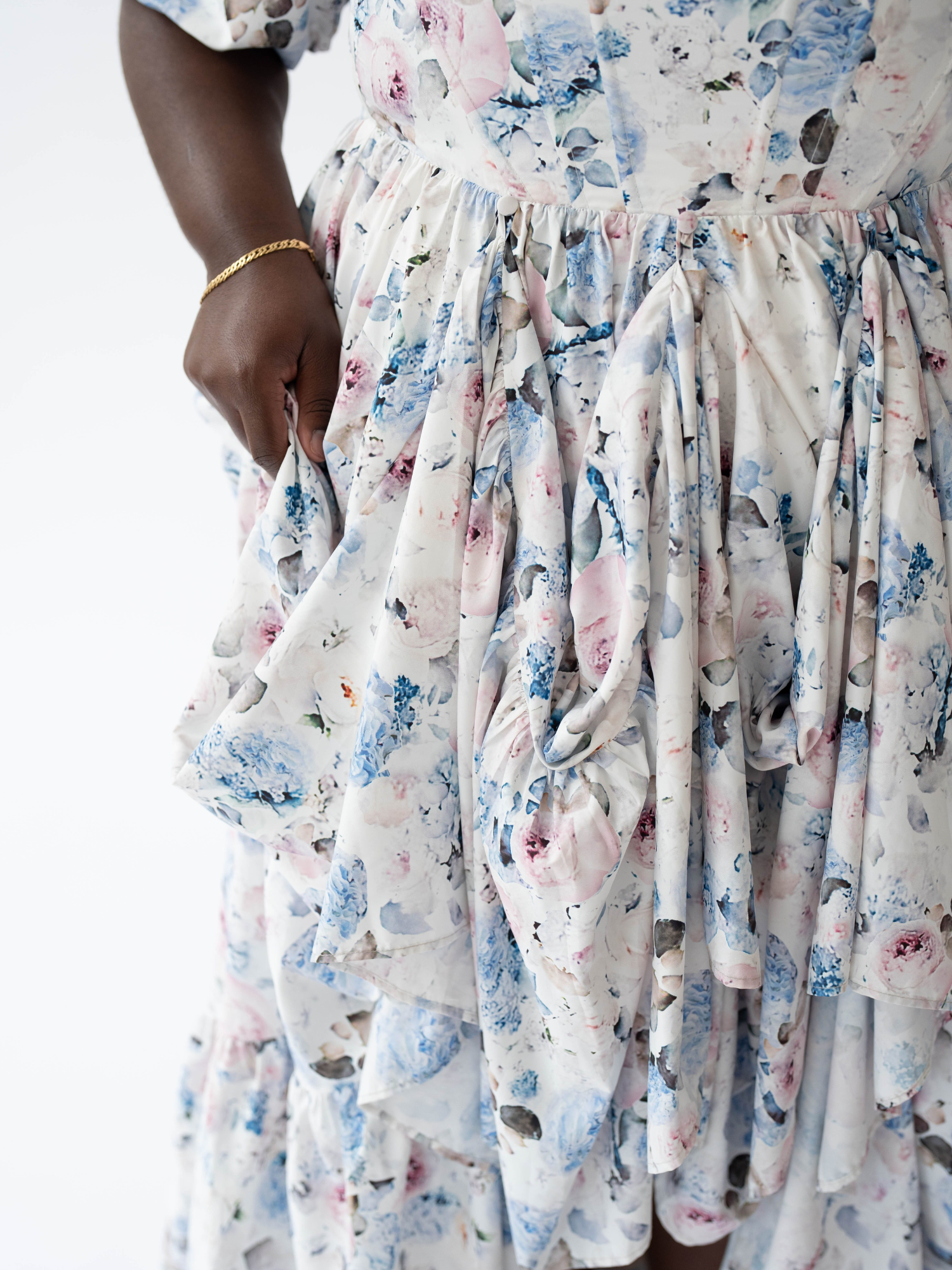 Floral pattern dress in soft blue and pink, The Wild Bloom Josephine Gown