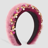 Ornate pink velvet Winter Magic headband with floral embellishments and crystals