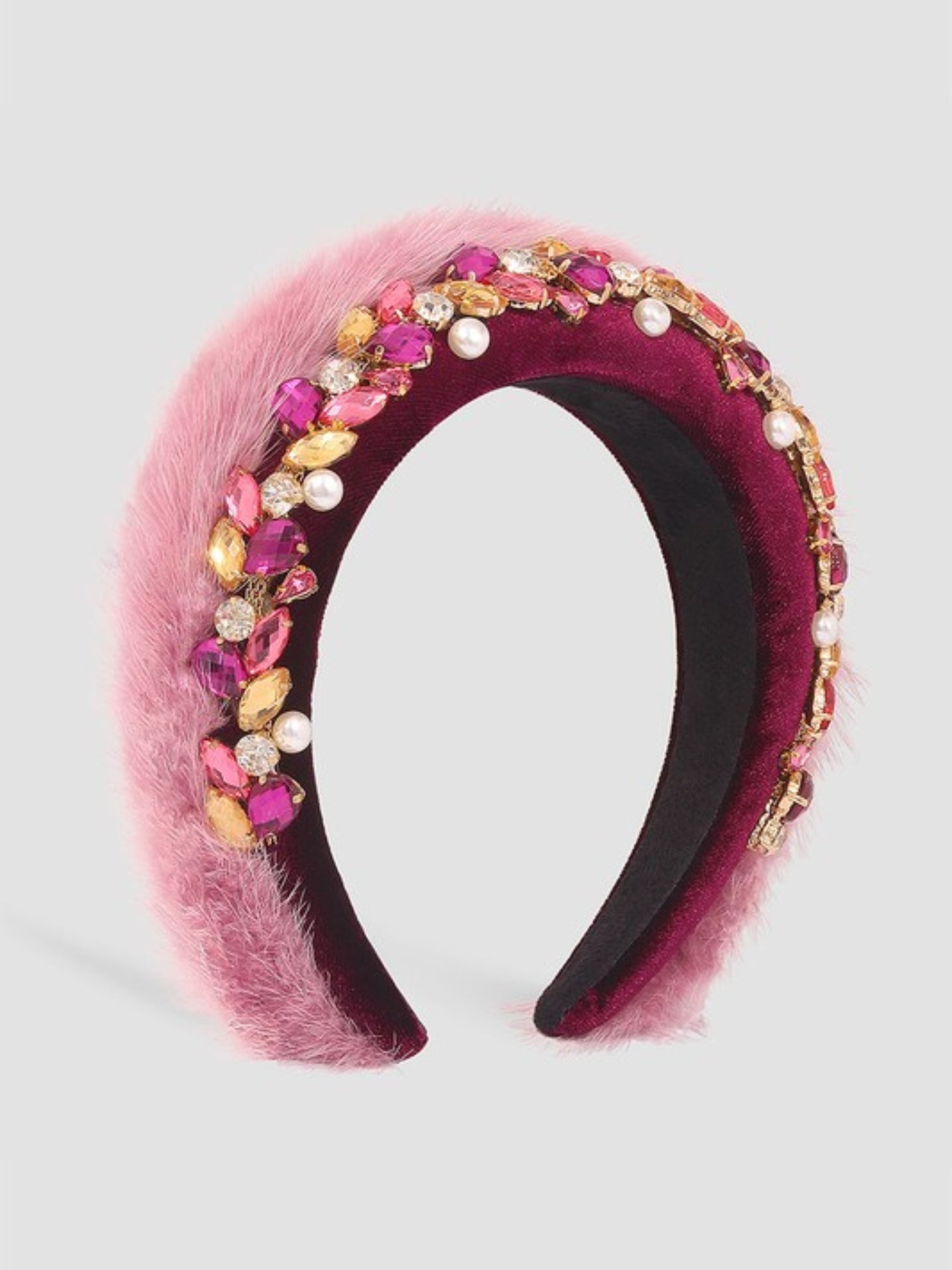 Ornate pink velvet Winter Magic headband with floral embellishments and crystals