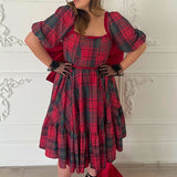 Plaid Winter Tartan Josephine Midi Dress with puffed sleeves and a tiered skirt