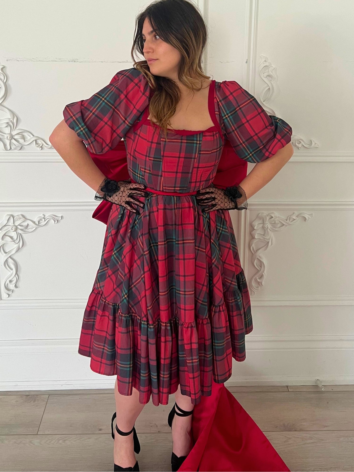 Plaid Winter Tartan Josephine Midi Dress with puffed sleeves and a tiered skirt