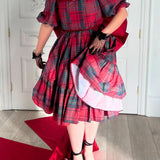 Winter Tartan Josephine Midi Dress with puffed sleeves and full skirt in red and black