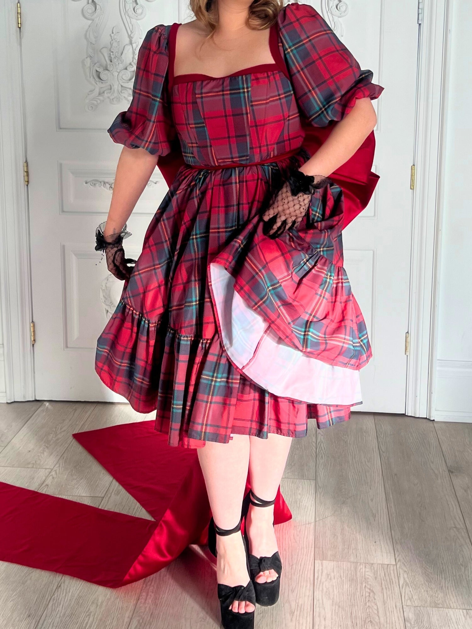 Winter Tartan Josephine Midi Dress with puffed sleeves and full skirt in red and black