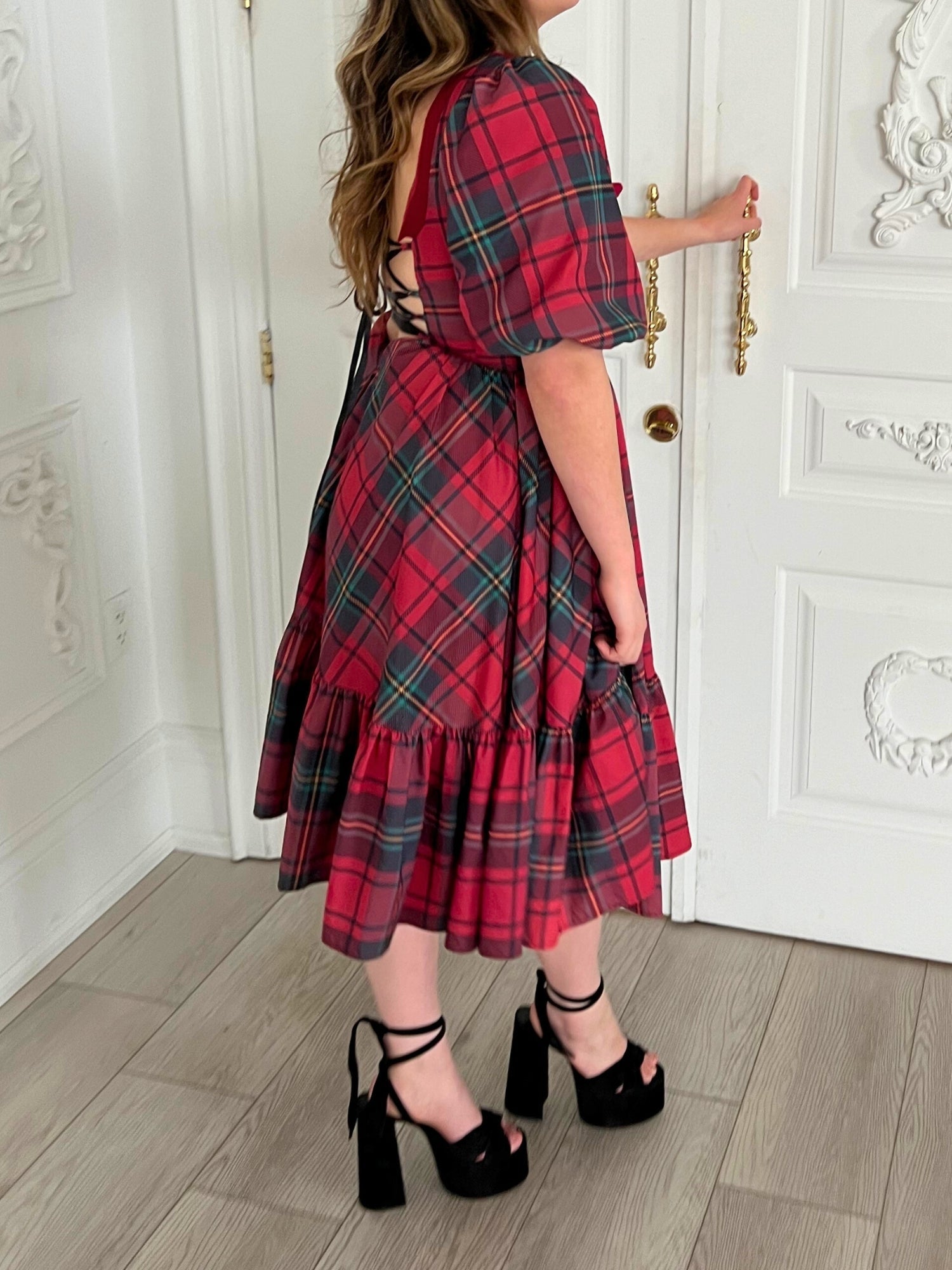 Red and black plaid Winter Tartan Josephine Midi Dress with ruffled hem and short sleeves